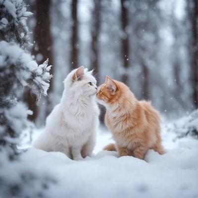 The primary subject of the image is a white cat and an orange cat standing close to each other in a snowy environment. The setting includes a forest with trees in the background. The visual style of the image is a photo, capturing the two cats interacting with each other. The dominant colors in the image are white and orange, creating a warm and cozy atmosphere despite the snowy surroundings.